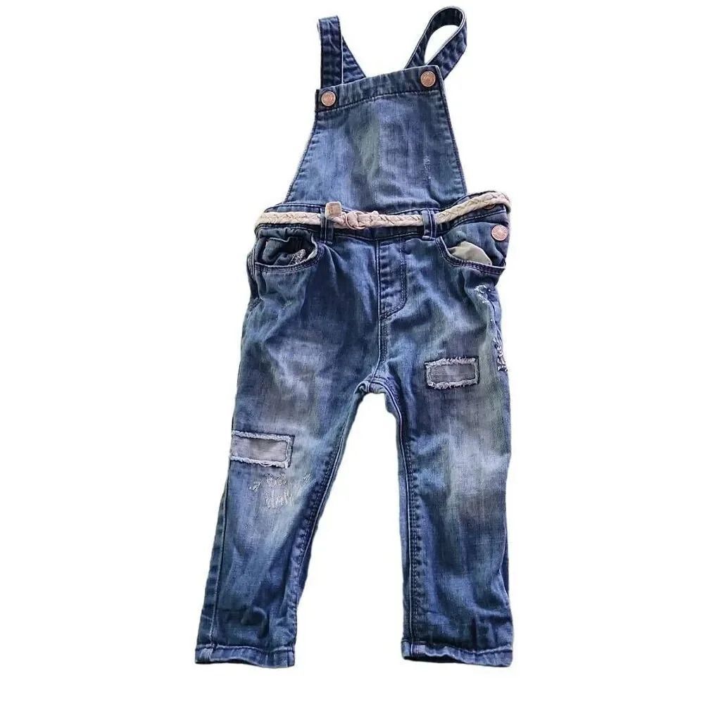 Zara Baby Girl Size 9/12 Months Blue Denim Distressed Belted Overalls